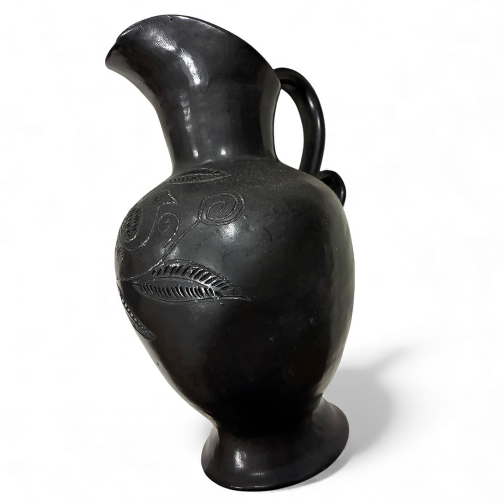 Oaxacan Black Folk Art Vase Barro Negro Bird Design and Flowers Water Jug/Vase